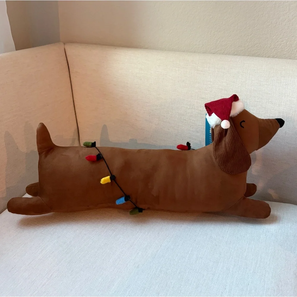 Isaac Mizrahi Dachshund Dog Holiday Christmas Lights Santa Hat Pillow